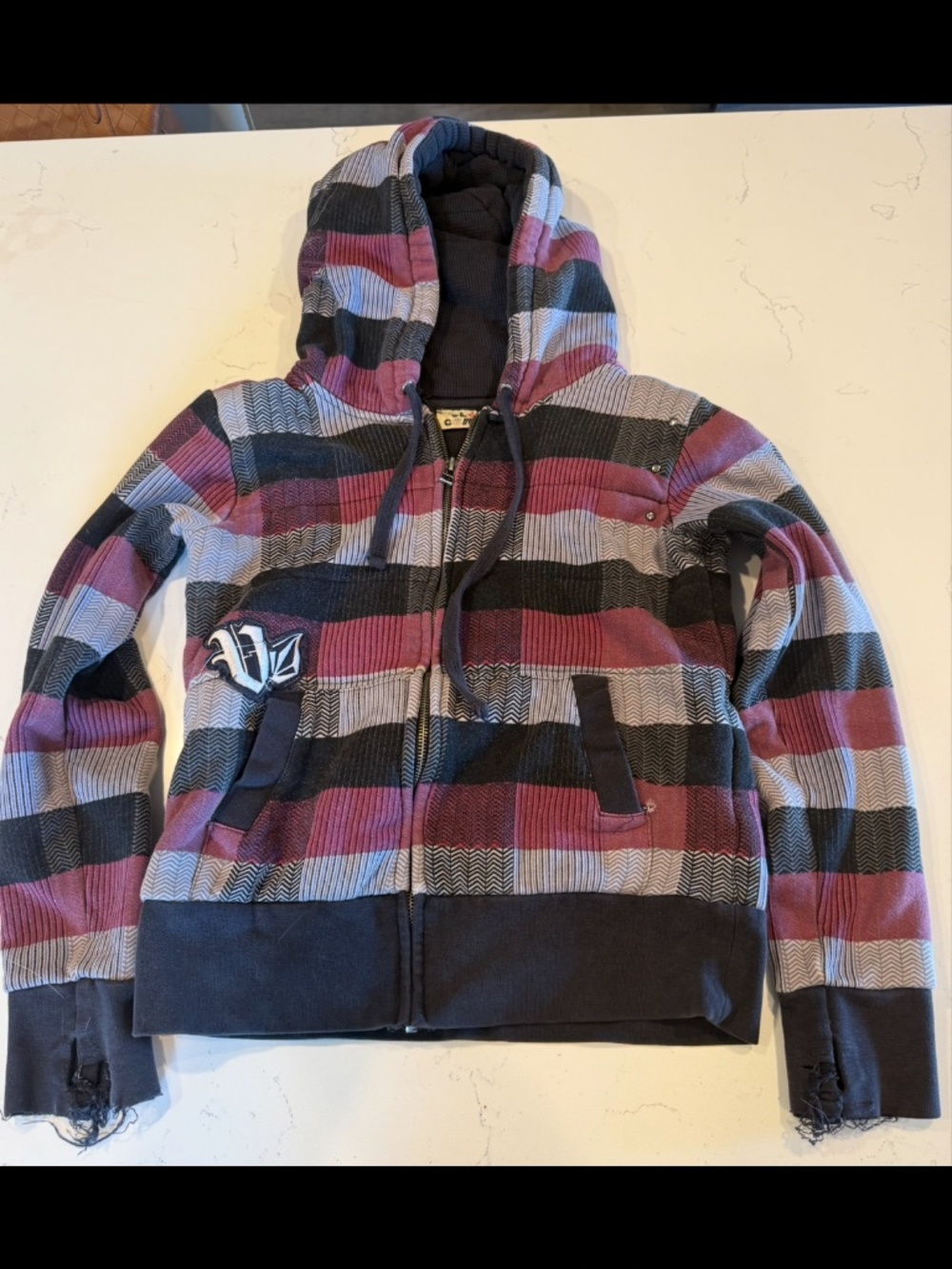 Vintage Y2K Volcom Patchwork Plaid Thermal Lined Zip Hoodie Women’s S